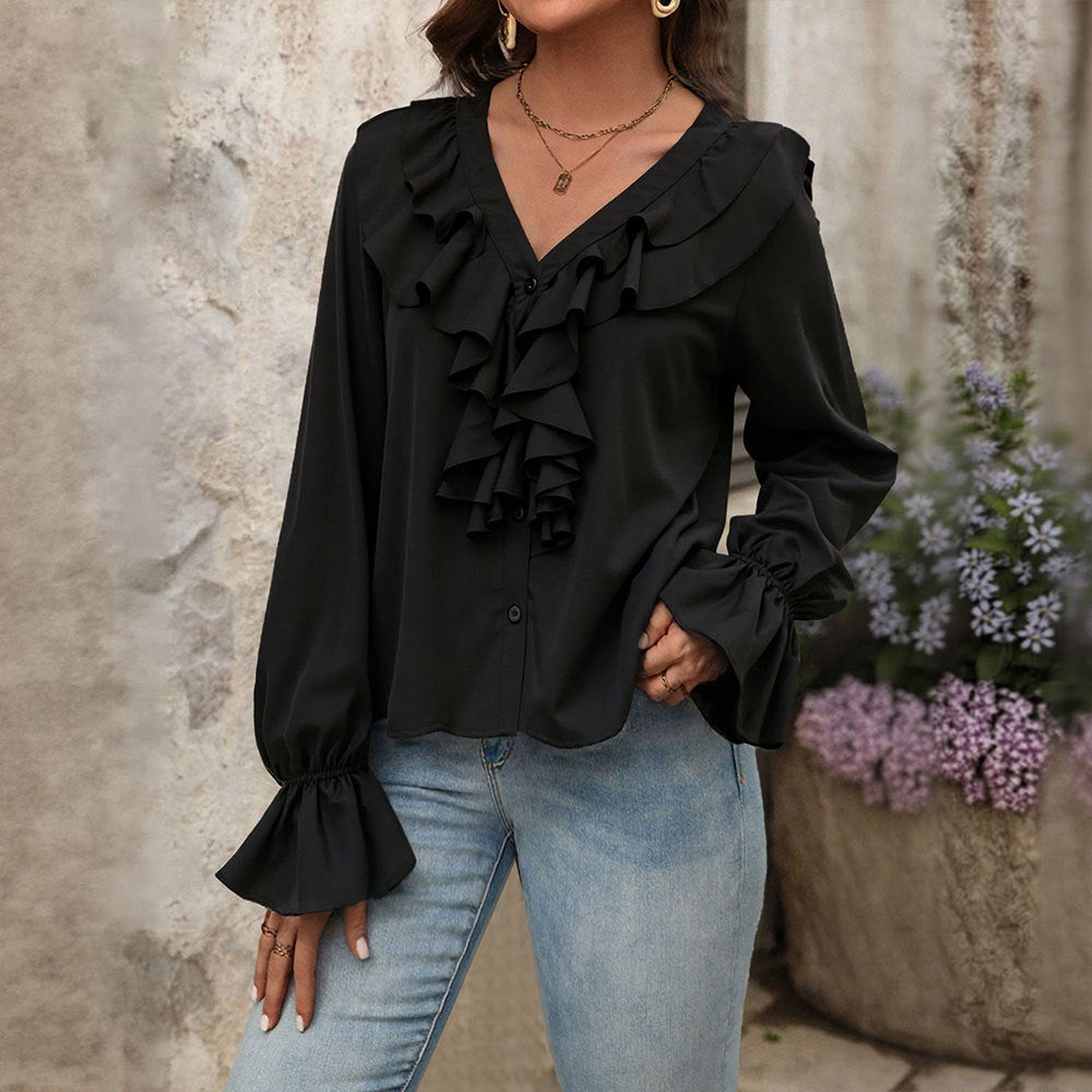 Women's Autumn V neck Ruffled Elegant Shirt for Women