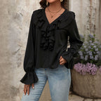 Women's Autumn V neck Ruffled Elegant Shirt for Women