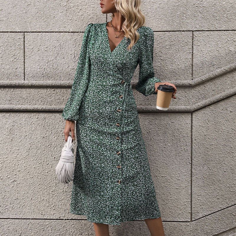 Women's Fall Stomach Blanket Long Sleeve Floral Dress