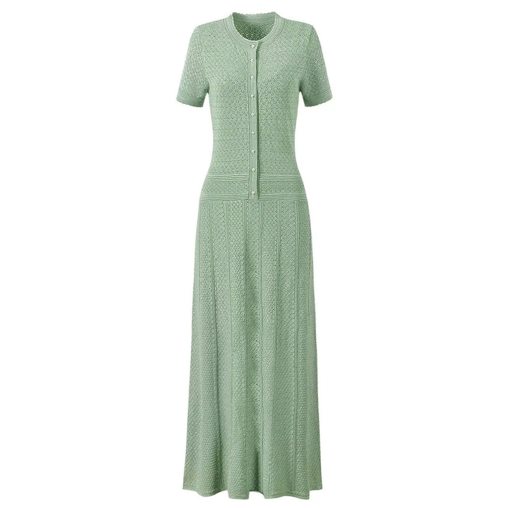 Light green maxi silk dress, short-sleeve button-front with textured lace-like overlay