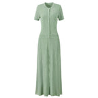 Light green maxi silk dress, short-sleeve button-front with textured lace-like overlay