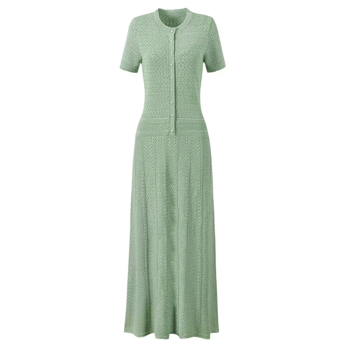Light green maxi silk dress, short-sleeve button-front with textured lace-like overlay
