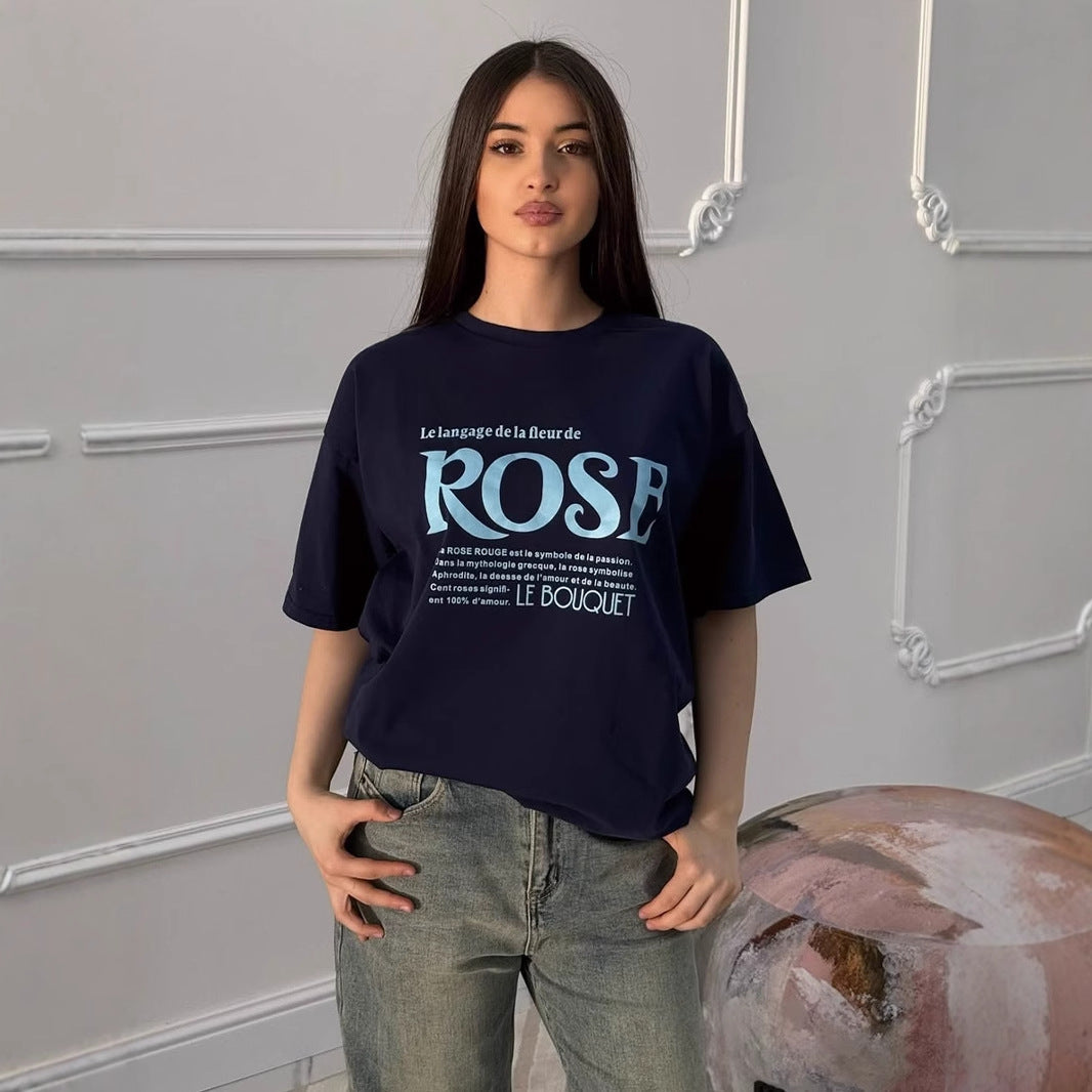 Women's Simple Letter Graphic Print T Shirt Women Summer Loose Round Neck Cotton Short Sleeve Top