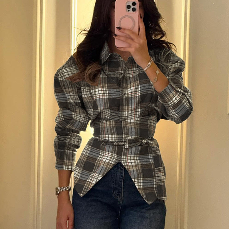Plaid Waist Tight Design Shirt Casual All Matching Turn down