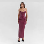 Leather Tube Top Dress Lace up Slit Sheath Maxi Dress Evening