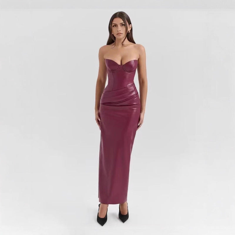 Leather Tube Top Dress Lace up Slit Sheath Maxi Dress Evening