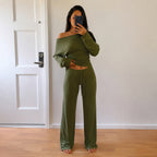 Women's Solid Color Homewear Pajamas Diagonal Collar Off Shoulder Simple Casual Set Tight Waist Long Sleeve Elastic Trousers Two Piece Set