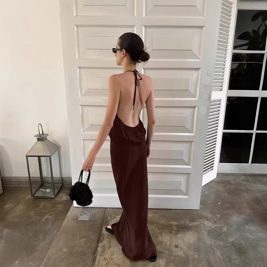 Summer Suit Women's Imitation Acetate Sexy Backless Lace up Halter Spaghetti Straps Vest Straight Skirt Two Piece Set