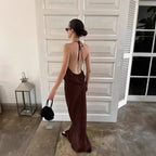 Summer Suit Women's Imitation Acetate Sexy Backless Lace up Halter Spaghetti Straps Vest Straight Skirt Two Piece Set