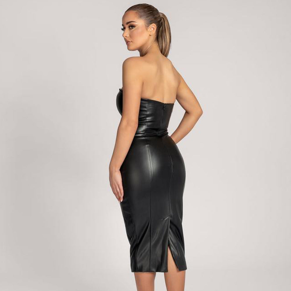 Women's Autumn Winter Solid Color Faux Leather Elegant Slim-Fit Tube Top Dress