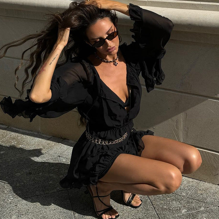 Women's Black Lace Long Sleeve A-Line Mini Dress