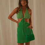 Women's Summer Sexy V Neck Backless Pleated Dress Women Halter Lace Up Cutout Short Dress