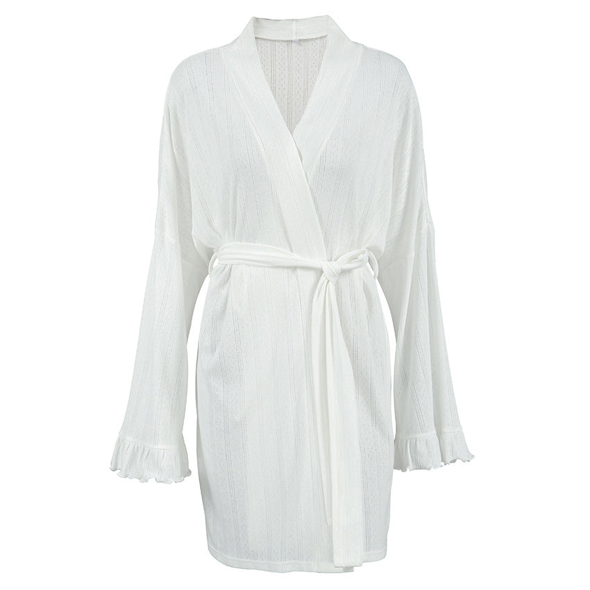 Autumn Jacquard Breathable Nightgown Long Sleeve Cardigan Lace up Women Knitted Casual Wear