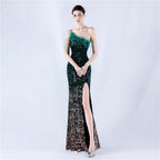 Women's Lengthened Ostrich Feather Beaded Sequ One Shoulder Diagonal Collar High Fork Evening Dress