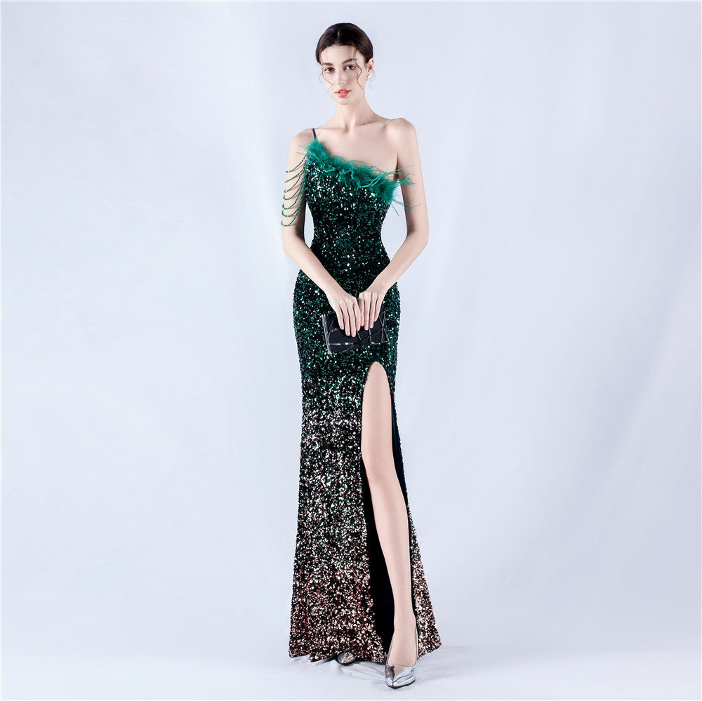 Women's Lengthened Ostrich Feather Beaded Sequ One Shoulder Diagonal Collar High Fork Evening Dress