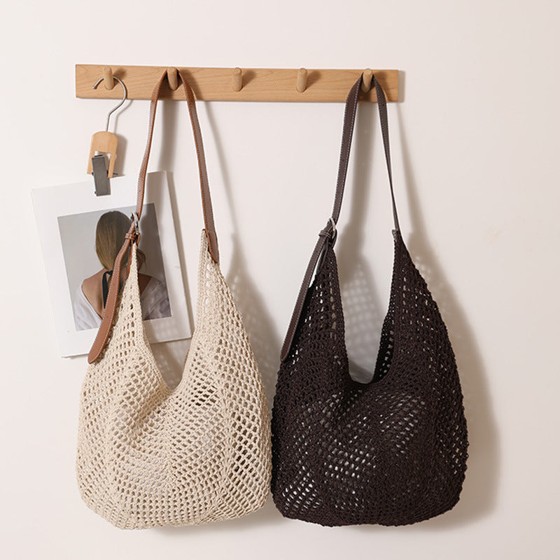 Women's One-Shoulder Raffia Straw Bucket Bag