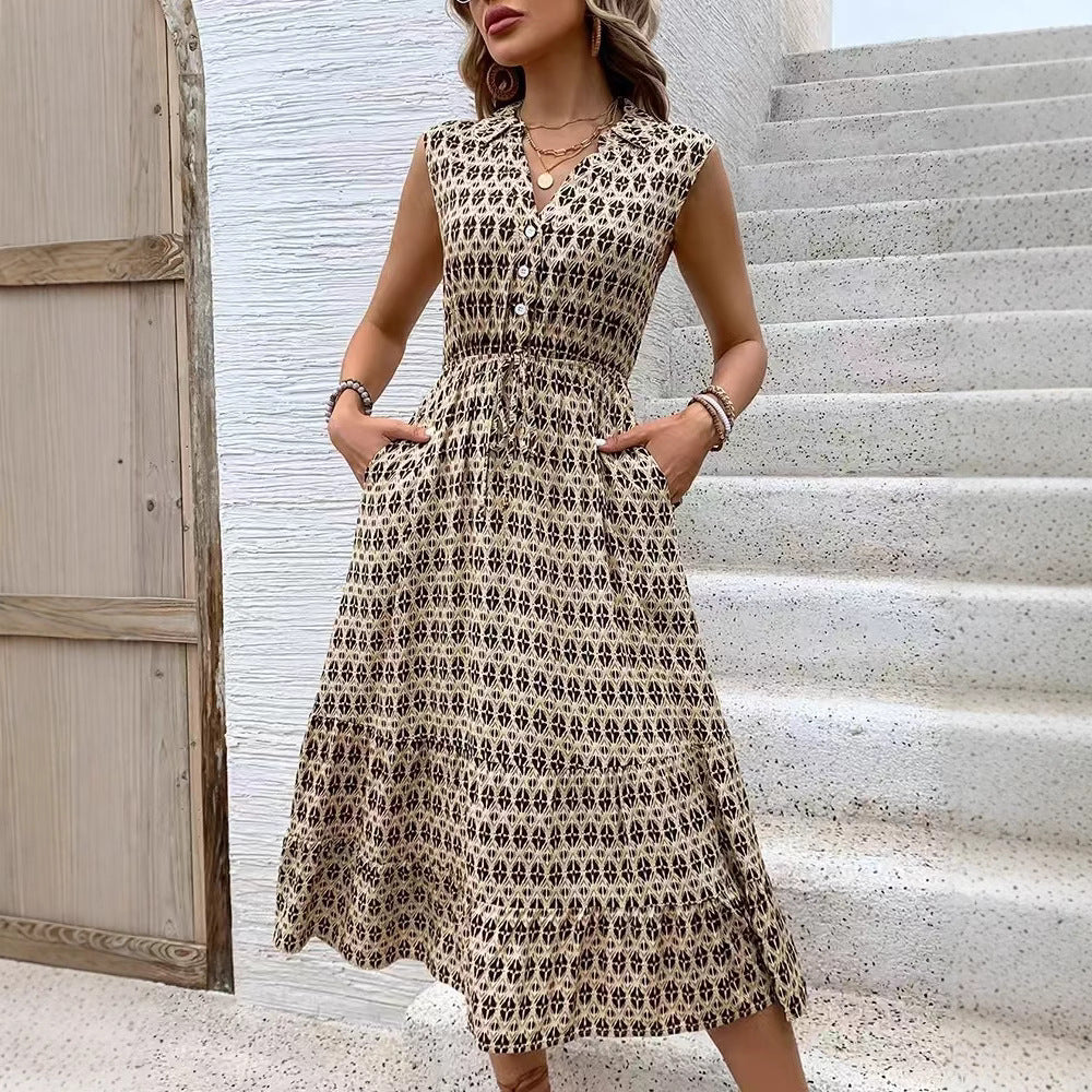 Summer Strappy Dress Waist Geometric Abstract Printing