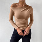 Women’s Khaki Asymmetric Off Shoulder Long Sleeve Top