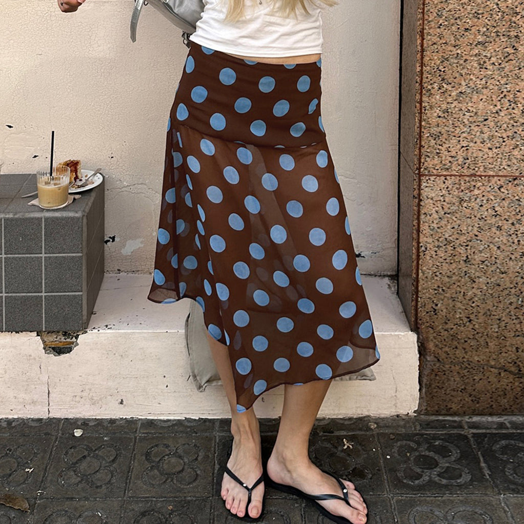 Contrast Color Polka Dot Print Asymmetric Vacation Skirt