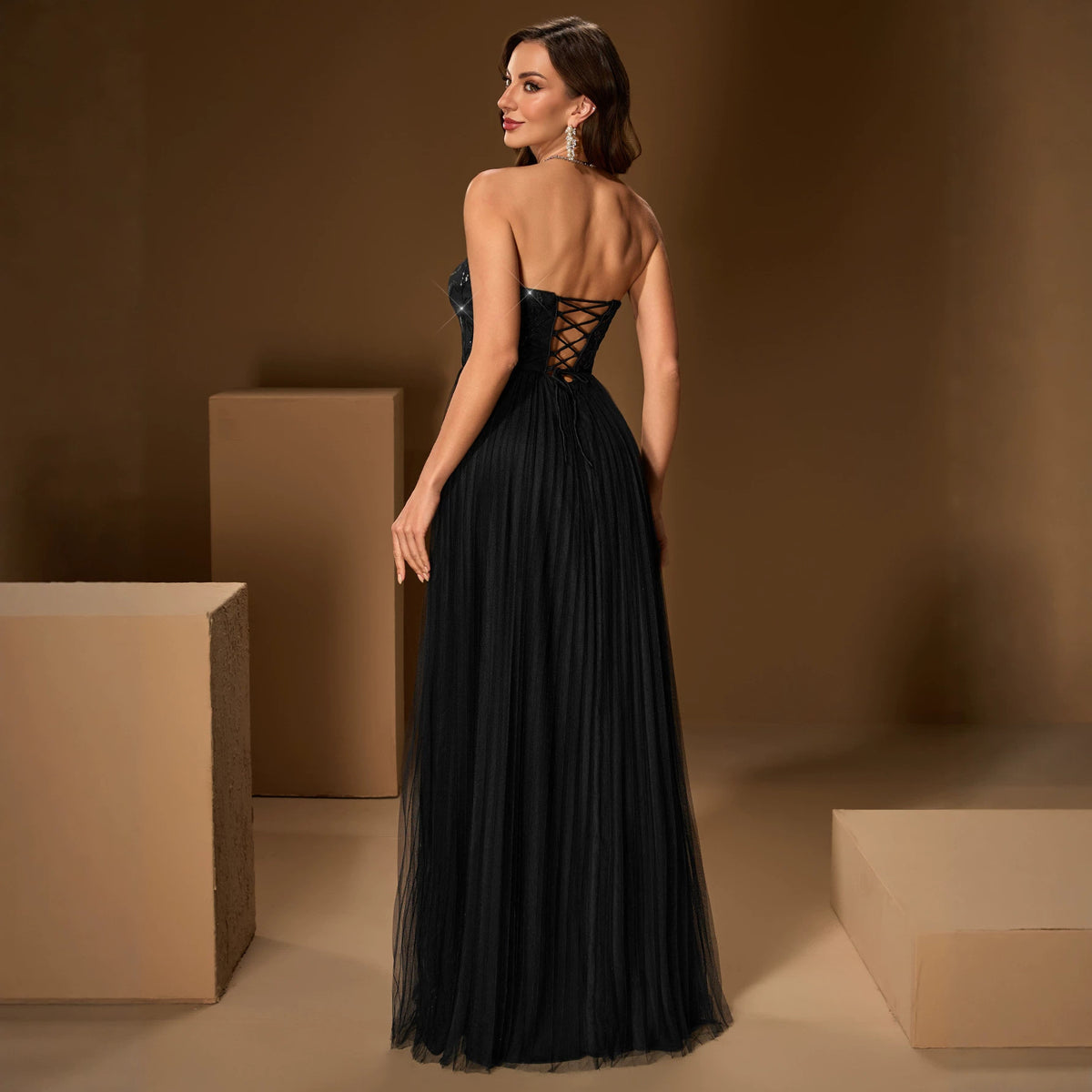 Women's Black Sequin Sweetheart Evening Dress