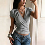 Casual Top Summer Cross Collar Design Pockets T shirt for