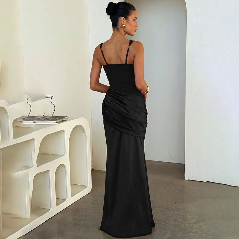 Women's Satin Spliced Square-Neck Maxi Dress