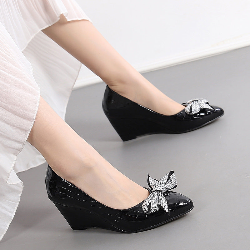 Women's Pointed Toe Wedge Shallow Mouth Pumps Rhinestone