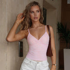 Women Clothing Summer Sexy V neck Striped Spaghetti Straps
