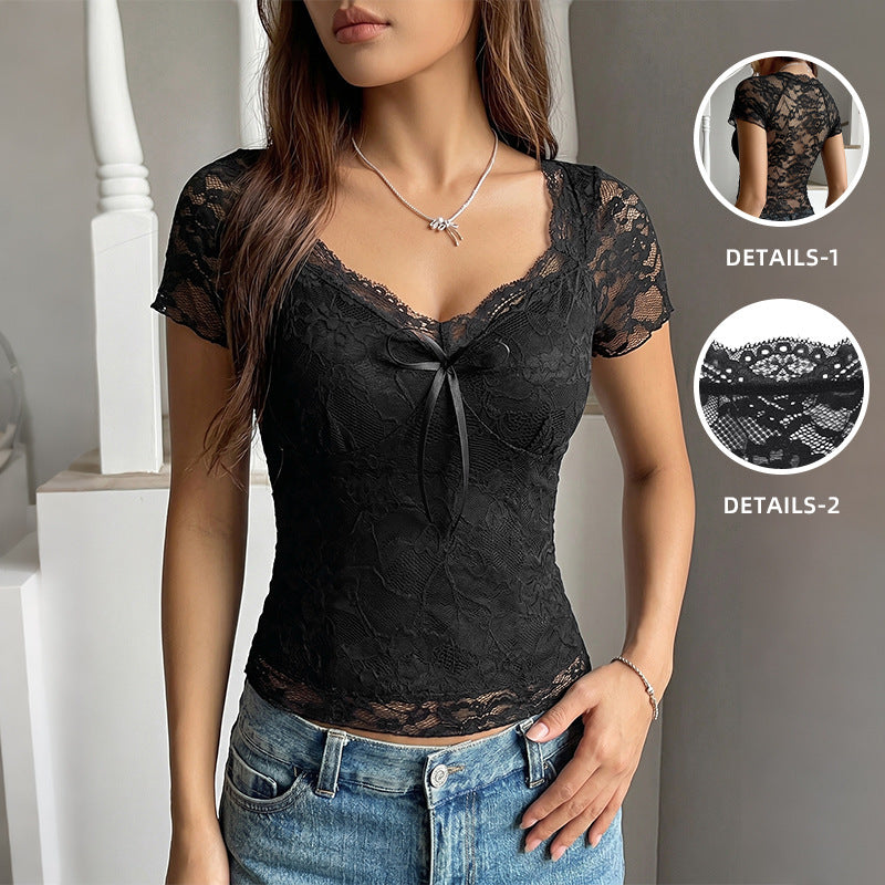 Women Sexy Wind Black V neck Lace Slim Short Sleeved Tops