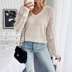 V-Neck Lace-Stitching Long-Sleeve Top