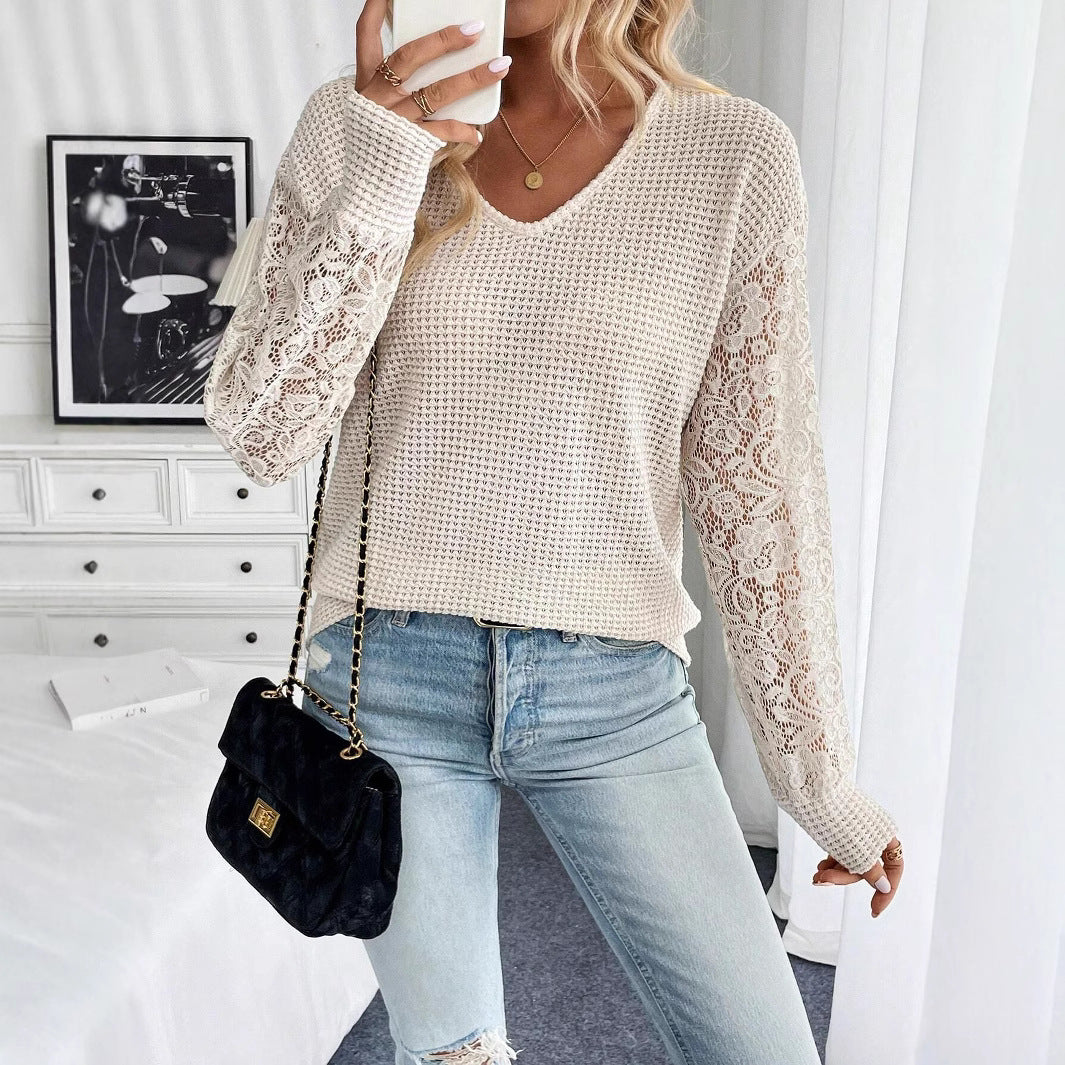 V-Neck Lace-Stitching Long-Sleeve Top