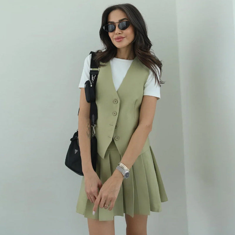Women's Pleated Sleeveless Top and Skirt Two-Piece Set