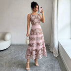 Women's Floral Flocked Lace Midi Cocktail Dress