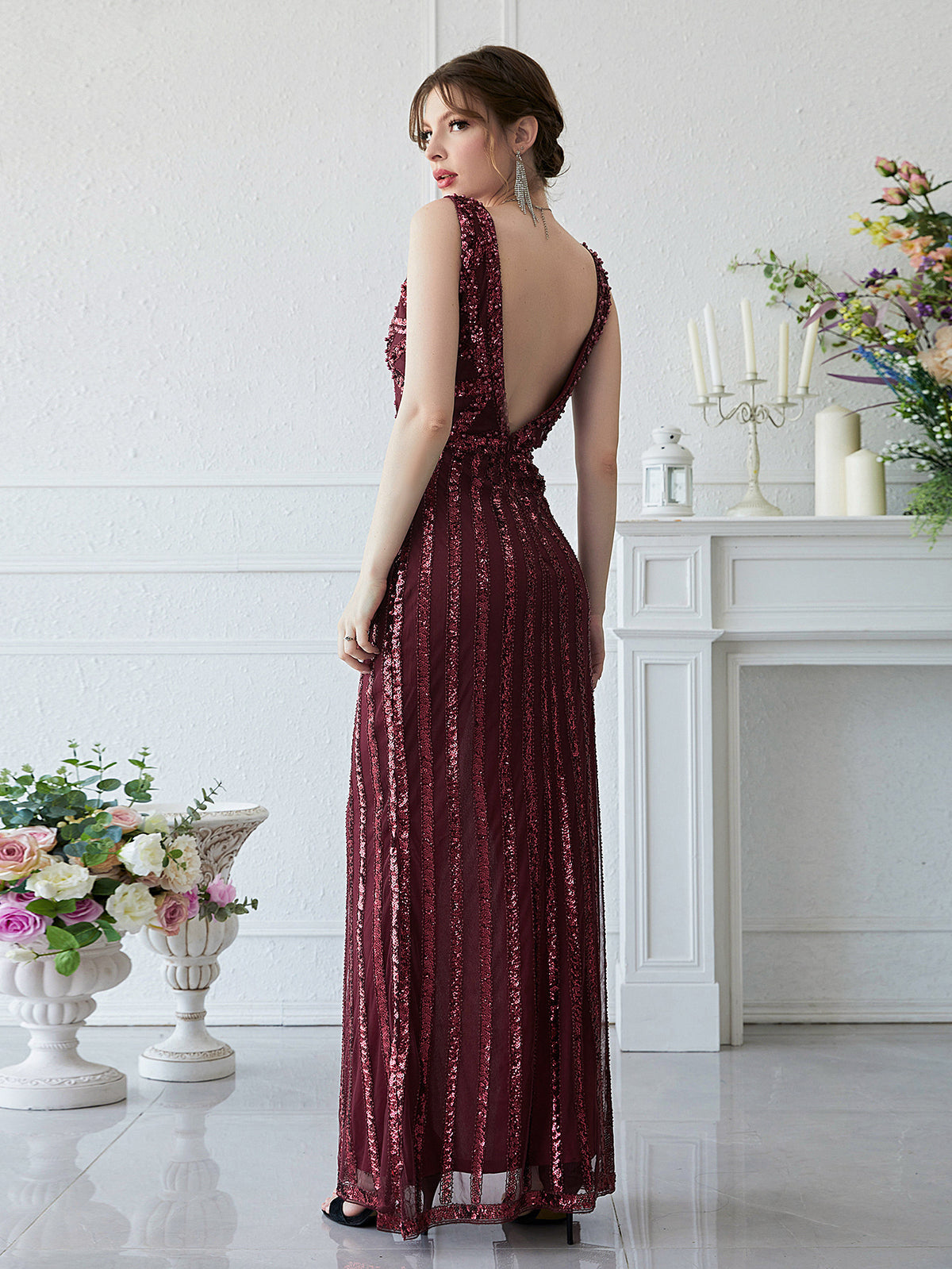 Heavy Industry Manual Beaded Red Maxi Sequined Beaded Maxi Dress
