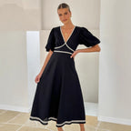 Women's Lace-Trim V-Neck Puff-Sleeve Maxi Dress