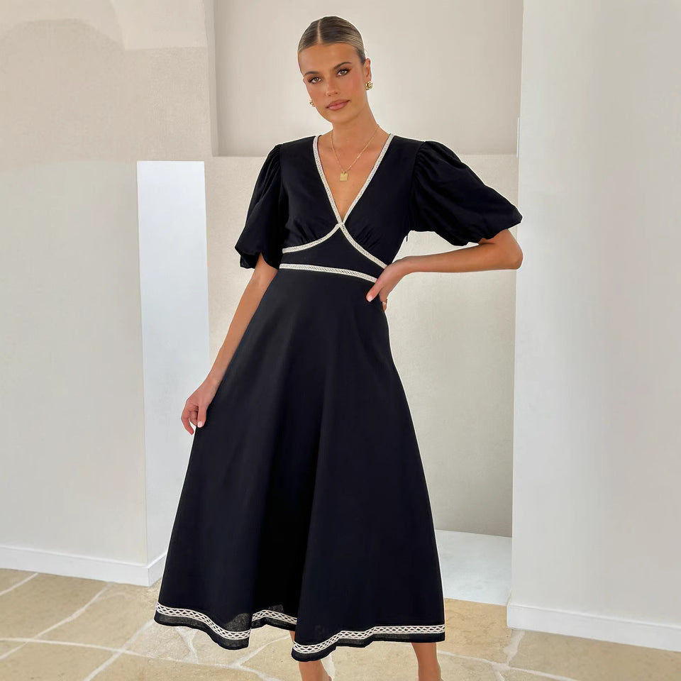 Women's Lace-Trim V-Neck Puff-Sleeve Maxi Dress