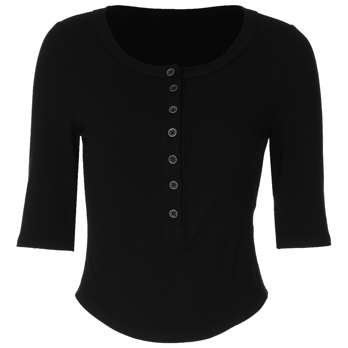 Button-Front Round-Neck Short-Sleeve Top