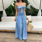 Women's Summer Bow Suspenders Elastic Waist Wide Leg Women Clothing Denim Jumpsuit
