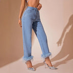 Women's Clothing Furry Stitching Straight All Matching Jeans