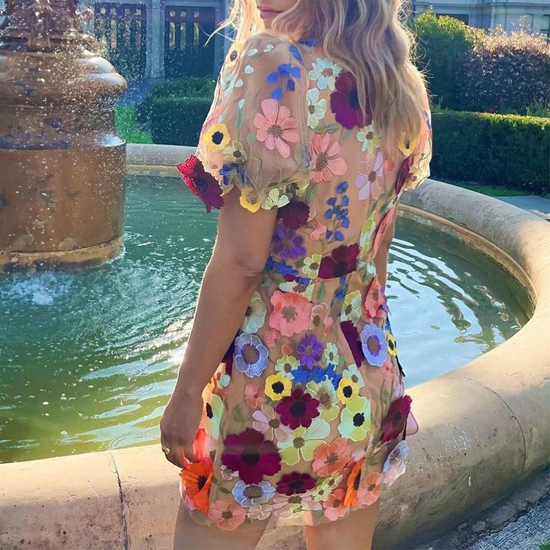Floral Embroidered V-Neck Bodycon Mini Dress