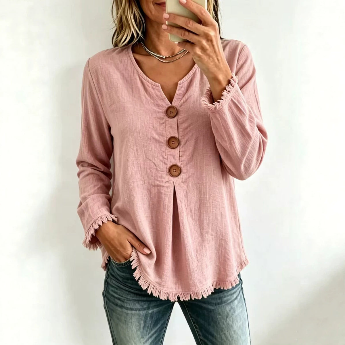 Women's Fringe V-Neck Long-Sleeve Top
