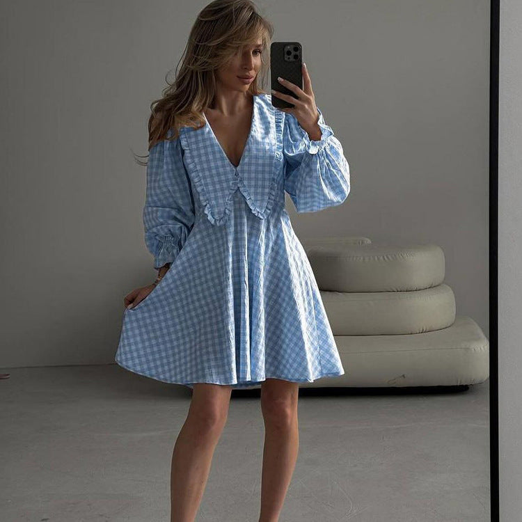A line Dress Pink Plaid Butterfly Collar