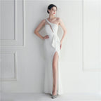 Women's Ruffled Mesh See Through Ceremonial Hosting Formal Occasion Long Dress