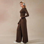 Women's Brown Cropped Top & Wide-Leg Pants Set
