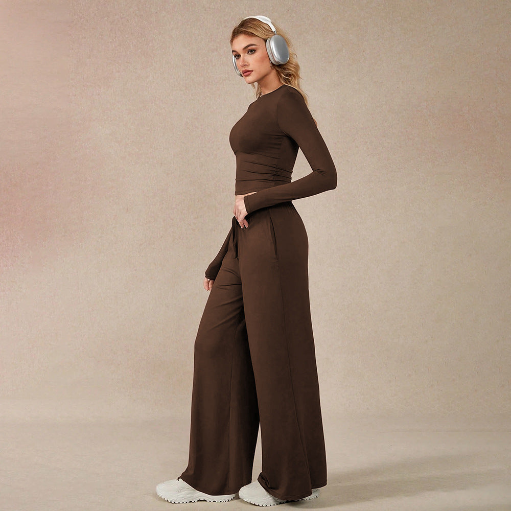 Women's Brown Cropped Top & Wide-Leg Pants Set