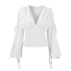 Women's White Lace-Up V-Neck Long-Sleeve Top