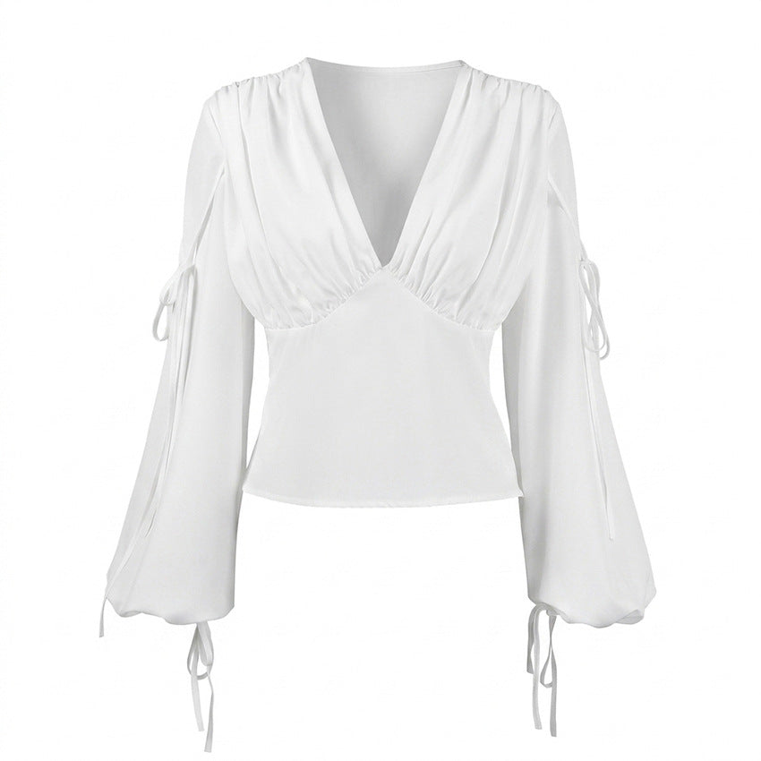Women's White Lace-Up V-Neck Long-Sleeve Top
