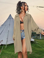 Cotton long one-piece swimwear in olive green, button-up collared long shirt dress