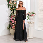 Women's Black Off Shoulder Long Sleeve Chiffon Embroidered Evening Dress High Slit Fully Lined Party Dress