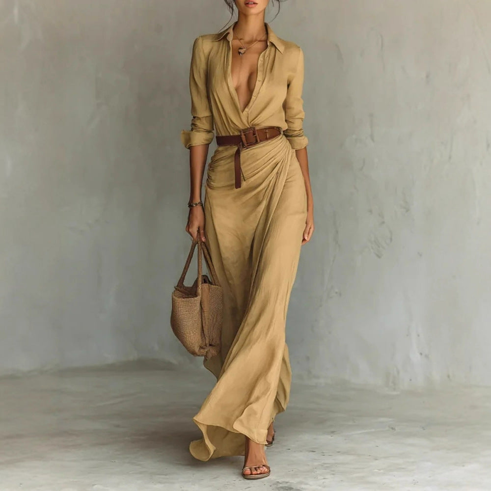 Autumn Elegant Graceful Solid Color Irregular Asymmetric Pleated Dress with Belt